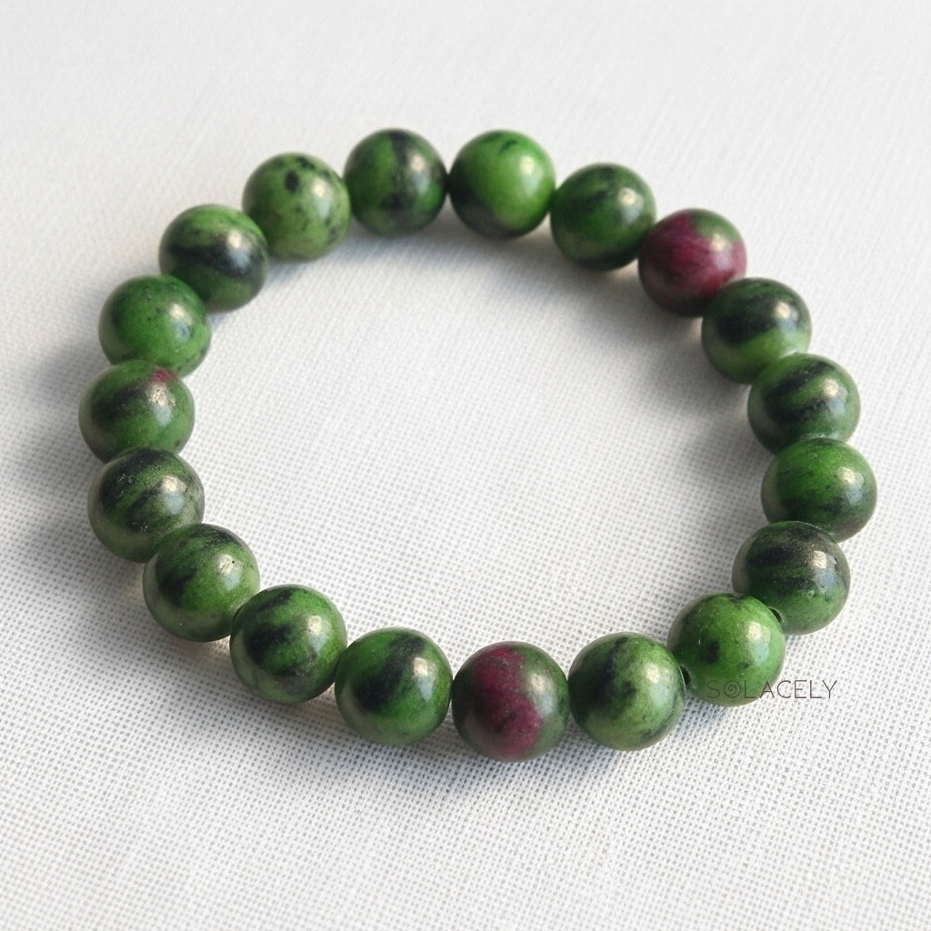 Ruby zoisite bracelet close-up, ruby patches set in green zoisite