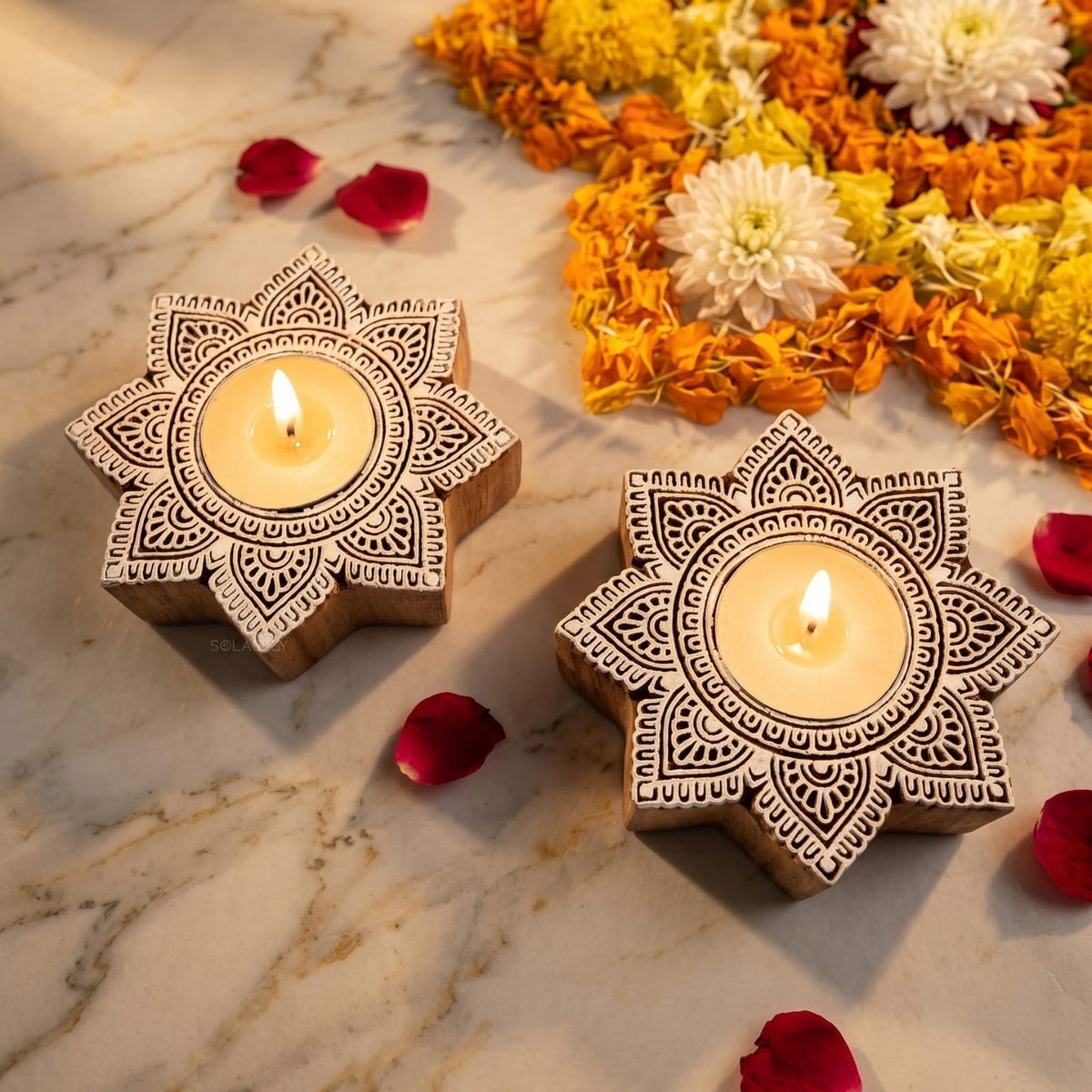 Solar mandala carved wooden tealight holder