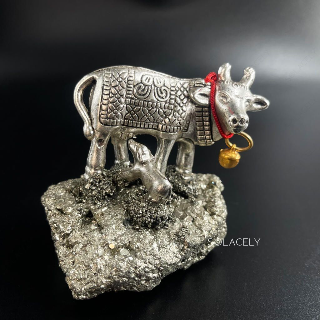 Spiritual kamdhenu cow pyrite base
