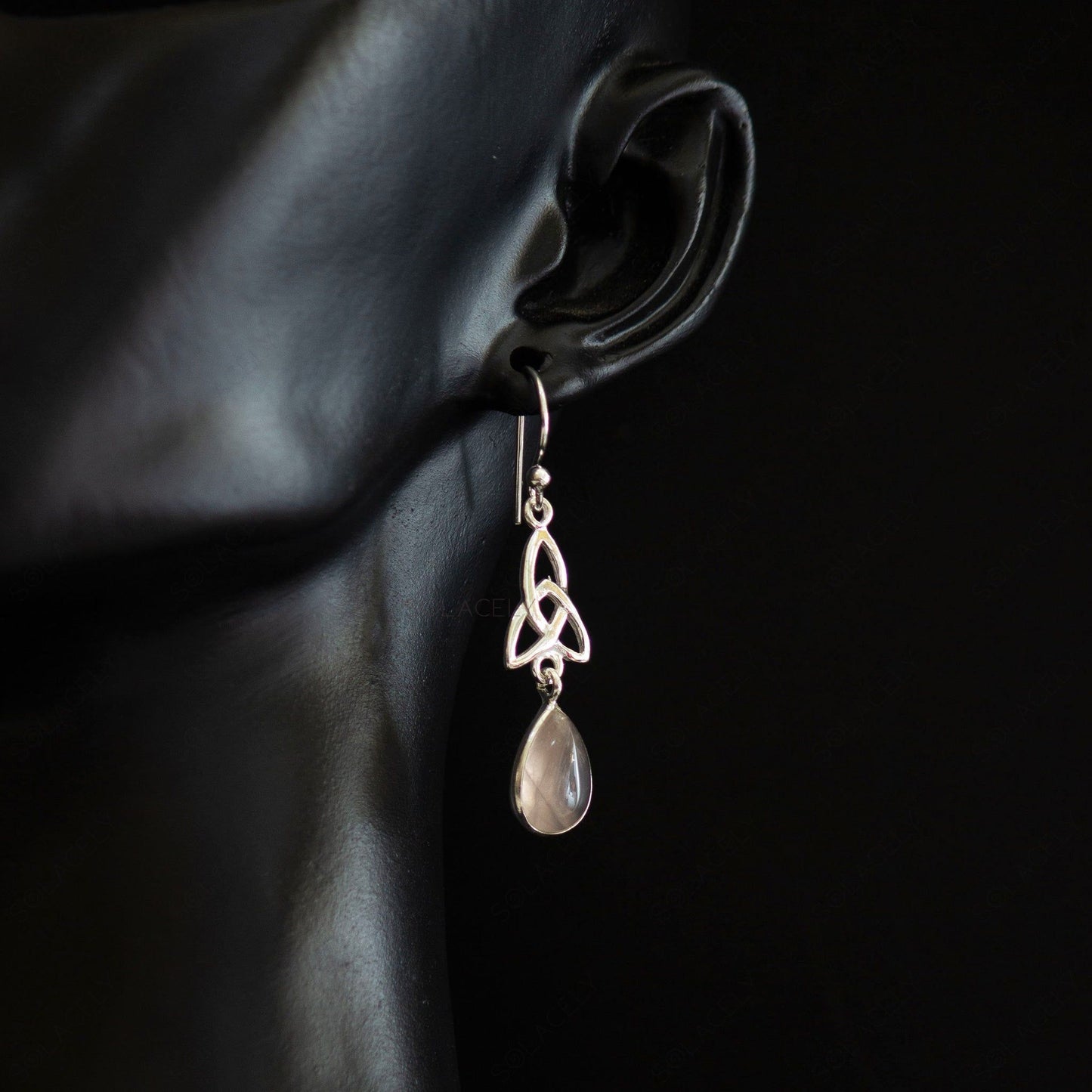 sterling silver celtic rose quartz drop earrings