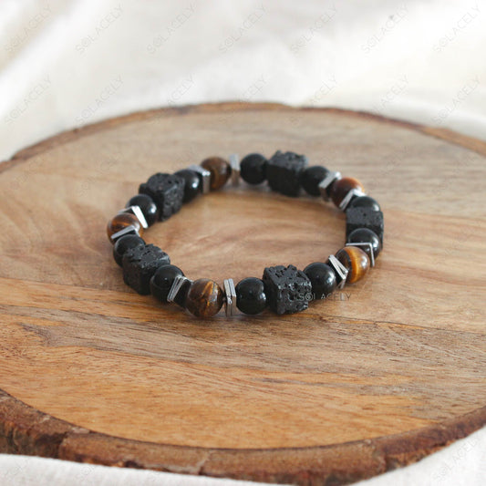 Triple Protection Black lava stone and crystal bracelet