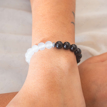 White Quartz  and Black Obsidian Bracelet 8mm Beads