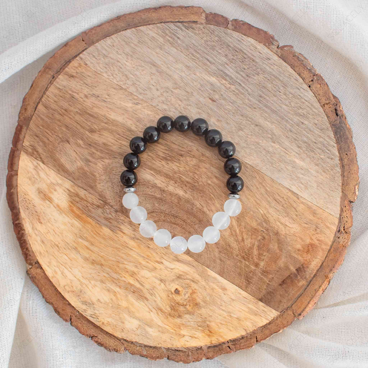 Black Obsidian And White Quartz Bracelet 8mm Beads