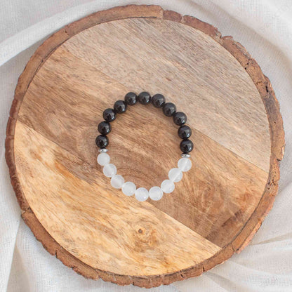 Black Obsidian And White Quartz Bracelet 8mm Beads