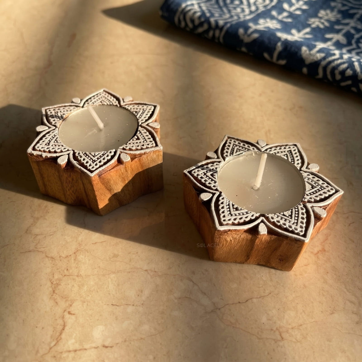 Wooden lotus candle holder set